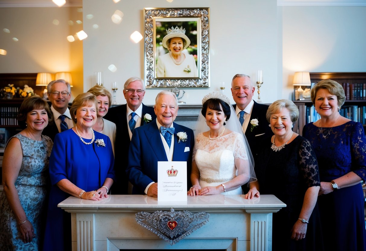 A couple celebrating their diamond wedding anniversary, surrounded by family and friends, with a regal card from the queen displayed prominently on a mantle