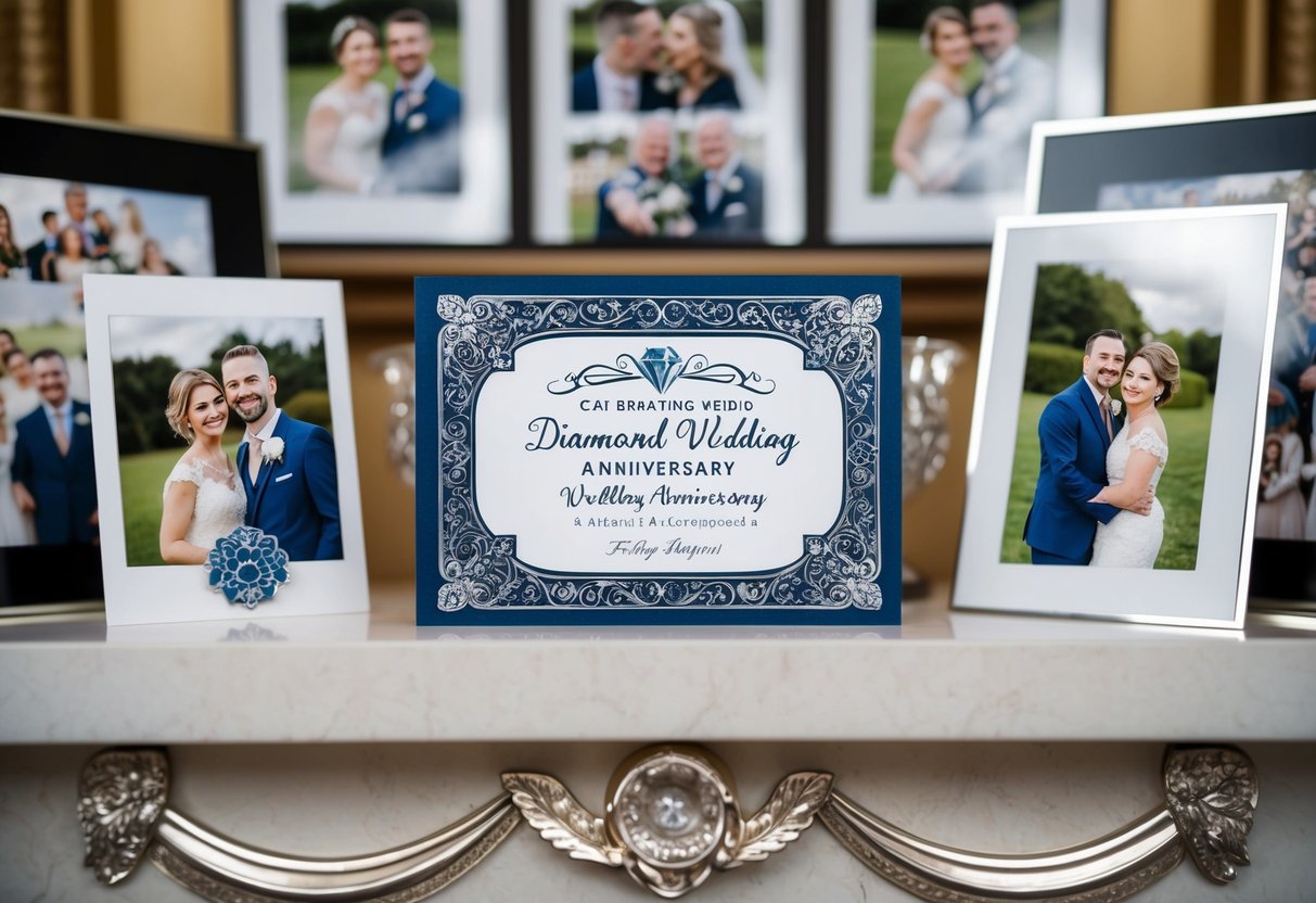 A regal, ornate card sits on a mantle surrounded by photos of a happy couple celebrating their diamond wedding anniversary