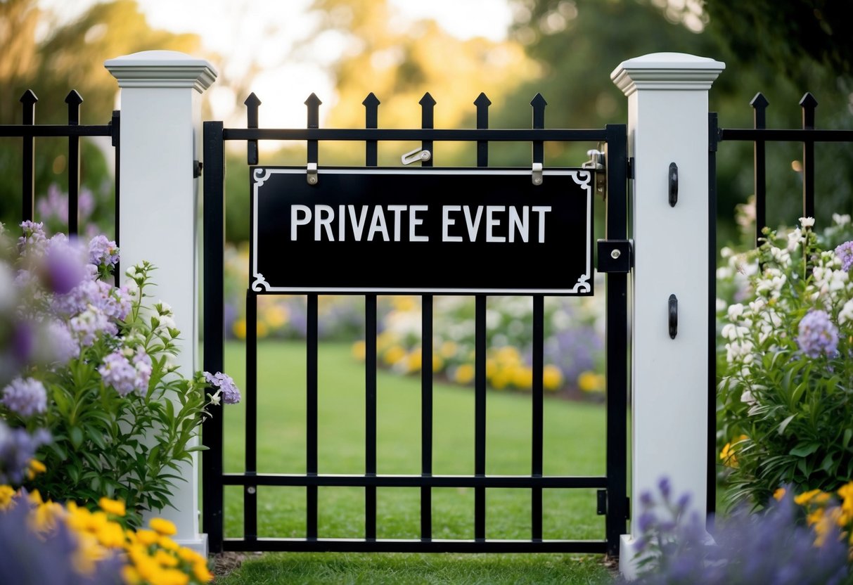 A closed gate with a "private event" sign, surrounded by blooming flowers and a serene garden setting
