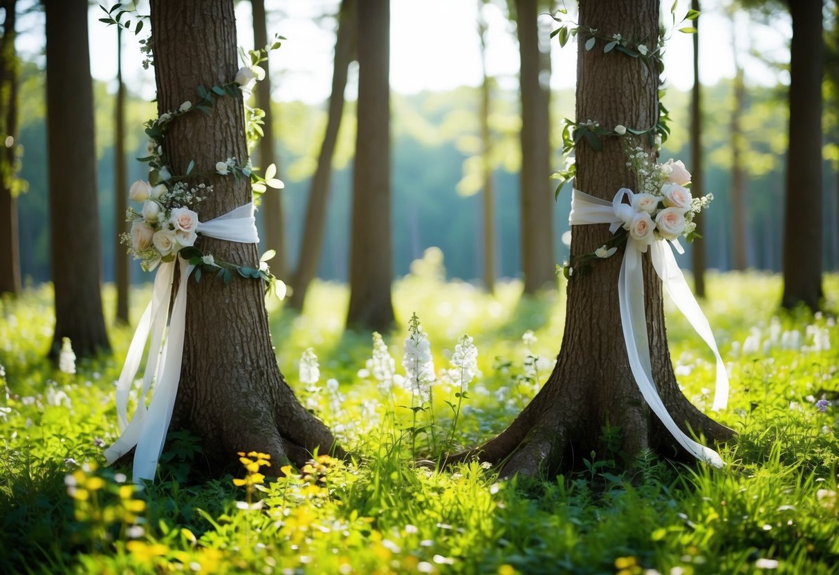 A secluded forest clearing with two intertwined trees, adorned with delicate ribbons and flowers, bathed in soft sunlight