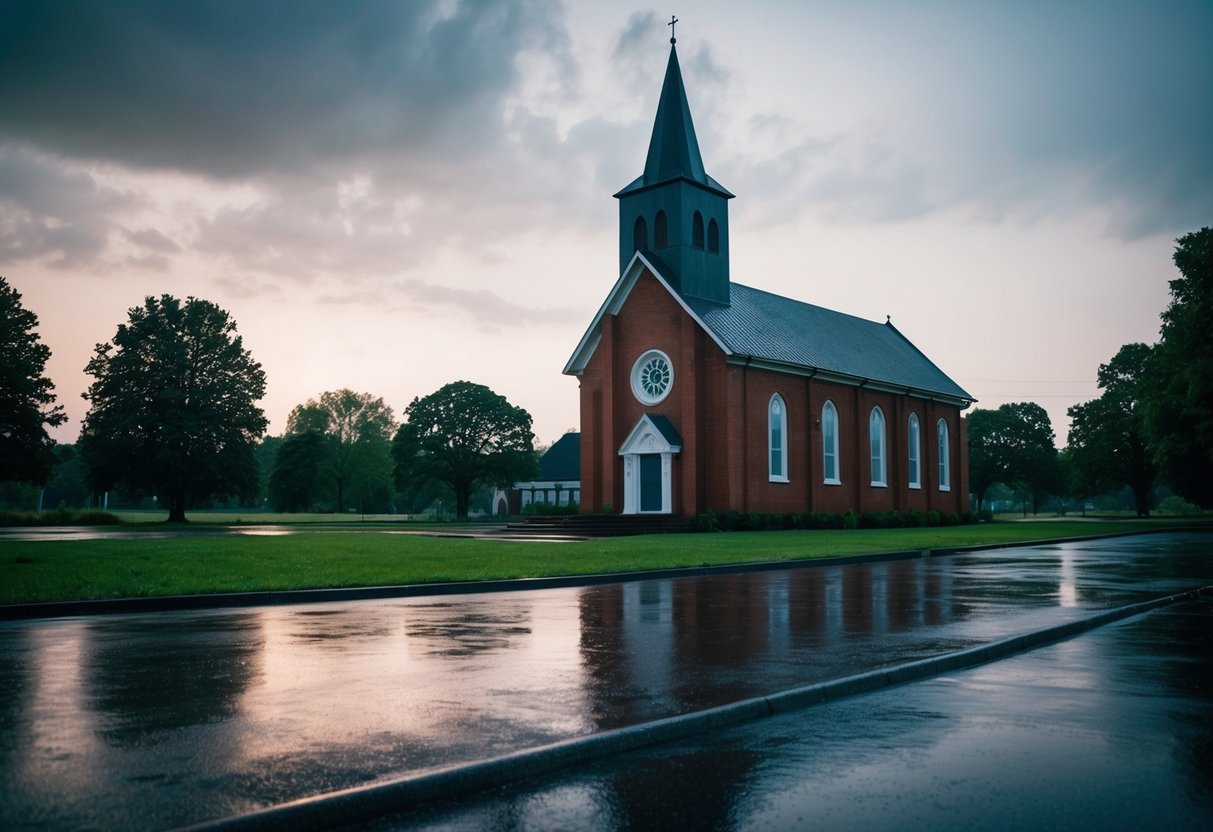A deserted church on a rainy Monday