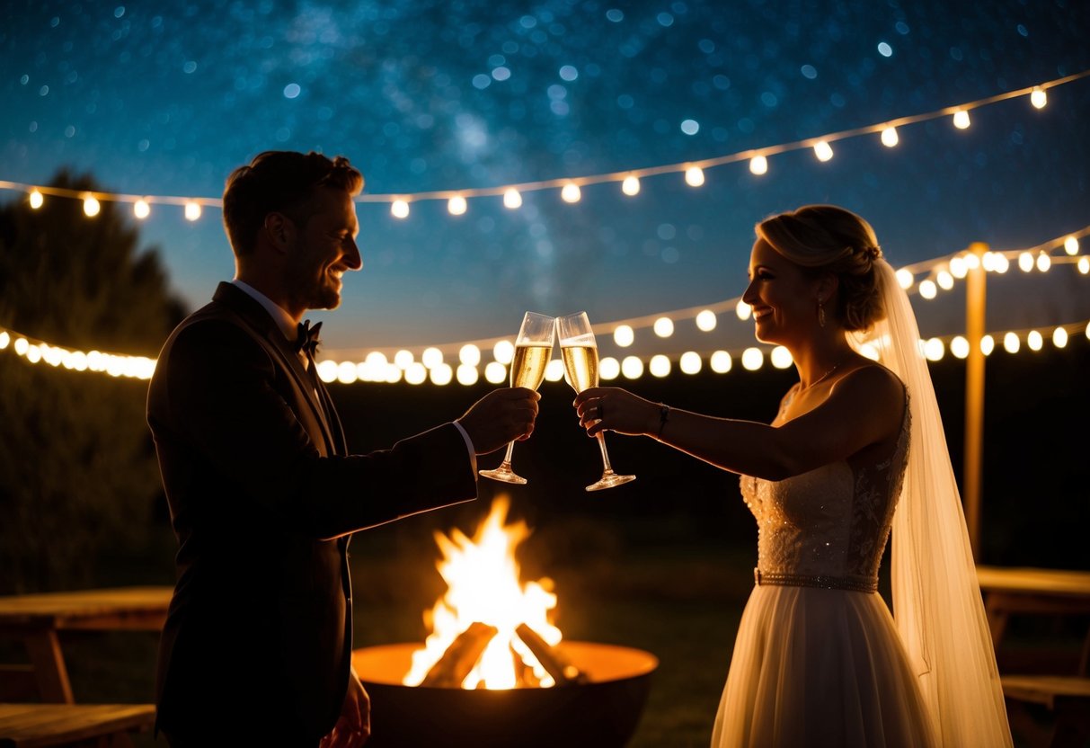 A couple's silhouettes toast with champagne under a starry night sky, surrounded by twinkling lights and a glowing bonfire
