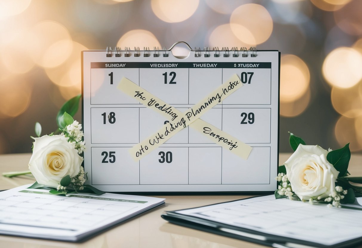 A calendar with dates crossed out, surrounded by wedding planning materials