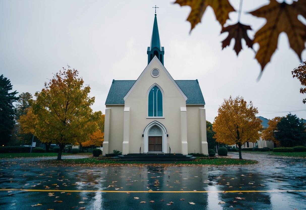 An empty church on a rainy Tuesday, with scattered autumn leaves outside