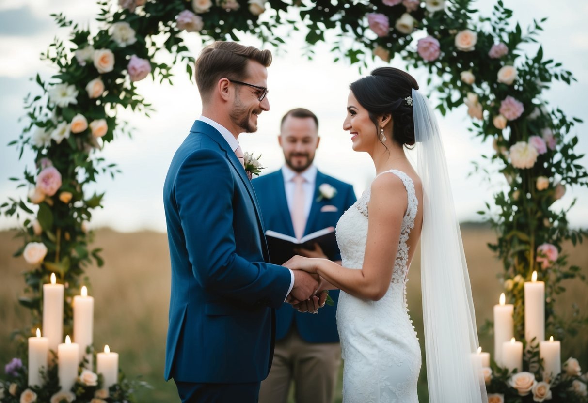 A bride and groom stand facing each other, surrounded by flowers and candles, exchanging vows