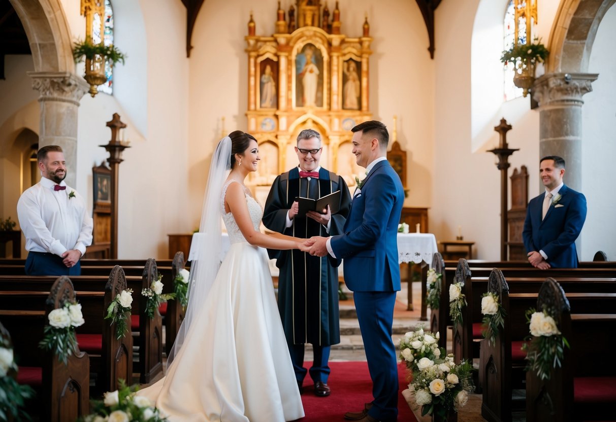 A bride and groom stand before an officiant, exchanging vows in a historic church adorned with traditional decorations