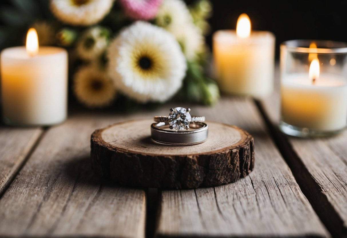 A wedding ring placed on a rustic wooden table with a soft, romantic background of flowers and candles