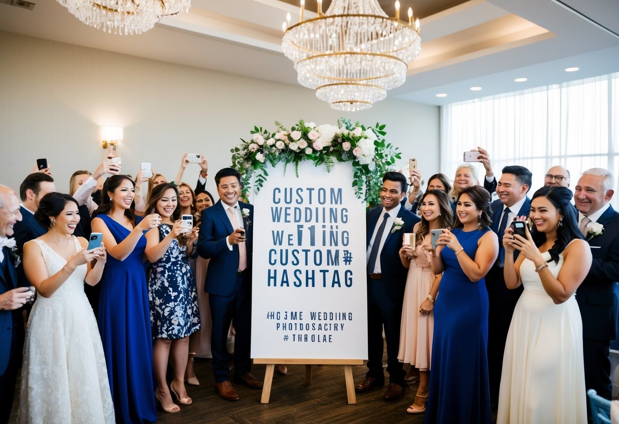 A beautifully decorated wedding venue with a large sign displaying a custom wedding hashtag, surrounded by happy guests taking photos