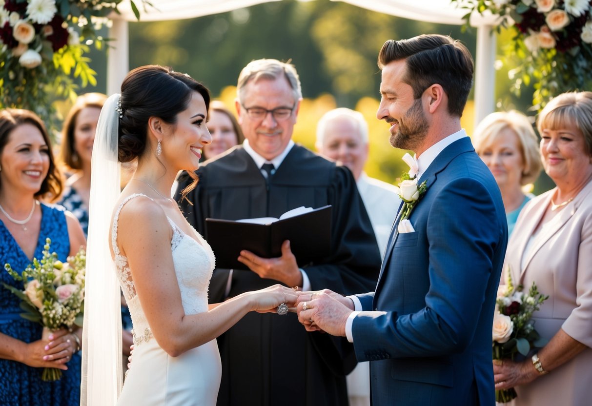 A couple stands before an officiant, exchanging rings while surrounded by family and friends. The setting is reminiscent of a wedding, with flowers, decorations, and a celebratory atmosphere