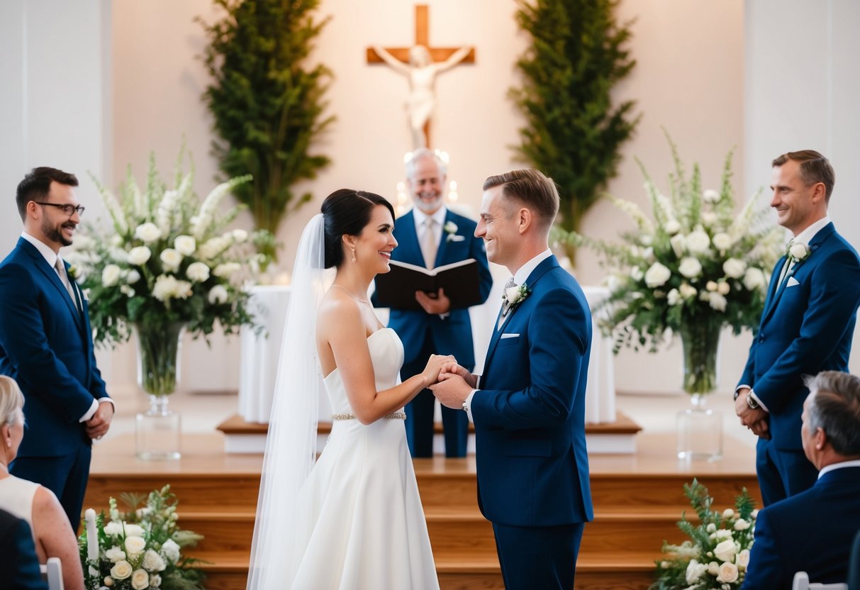 A couple standing in front of a wedding altar, exchanging vows again with a serene and joyful atmosphere
