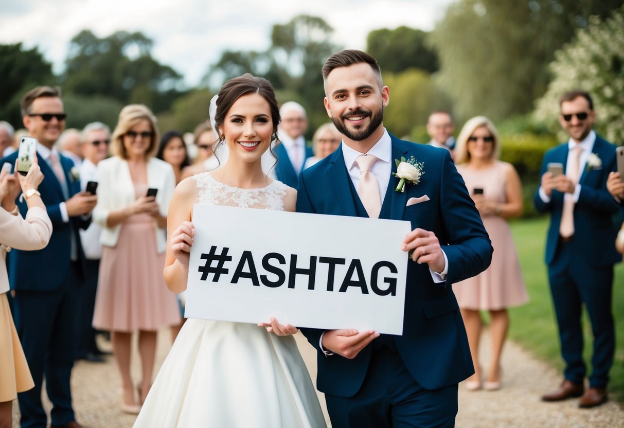 A bride and groom hold up a sign with the wedding hashtag while guests take photos and post on social media