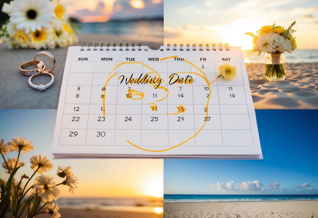 A couple's wedding date circled on a calendar, surrounded by images of vow renewal ideas such as flowers, rings, and a beach sunset