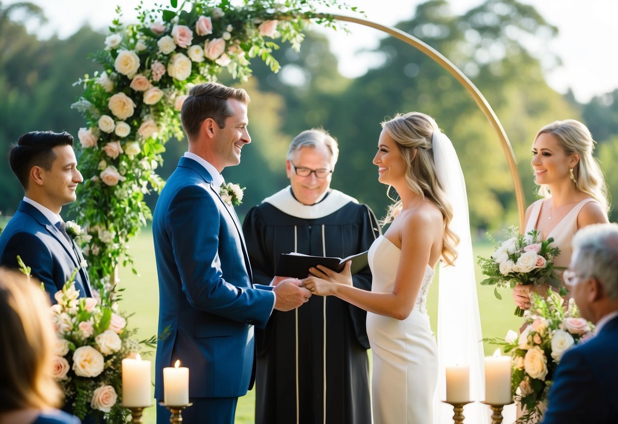 A couple stands before an officiant, surrounded by flowers and candles, exchanging renewed vows
