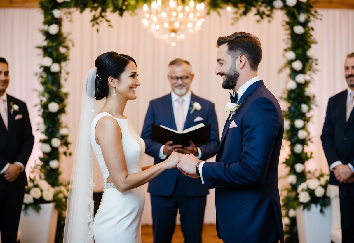 A couple in formal attire exchanging vows in a decorated venue with a celebratory atmosphere