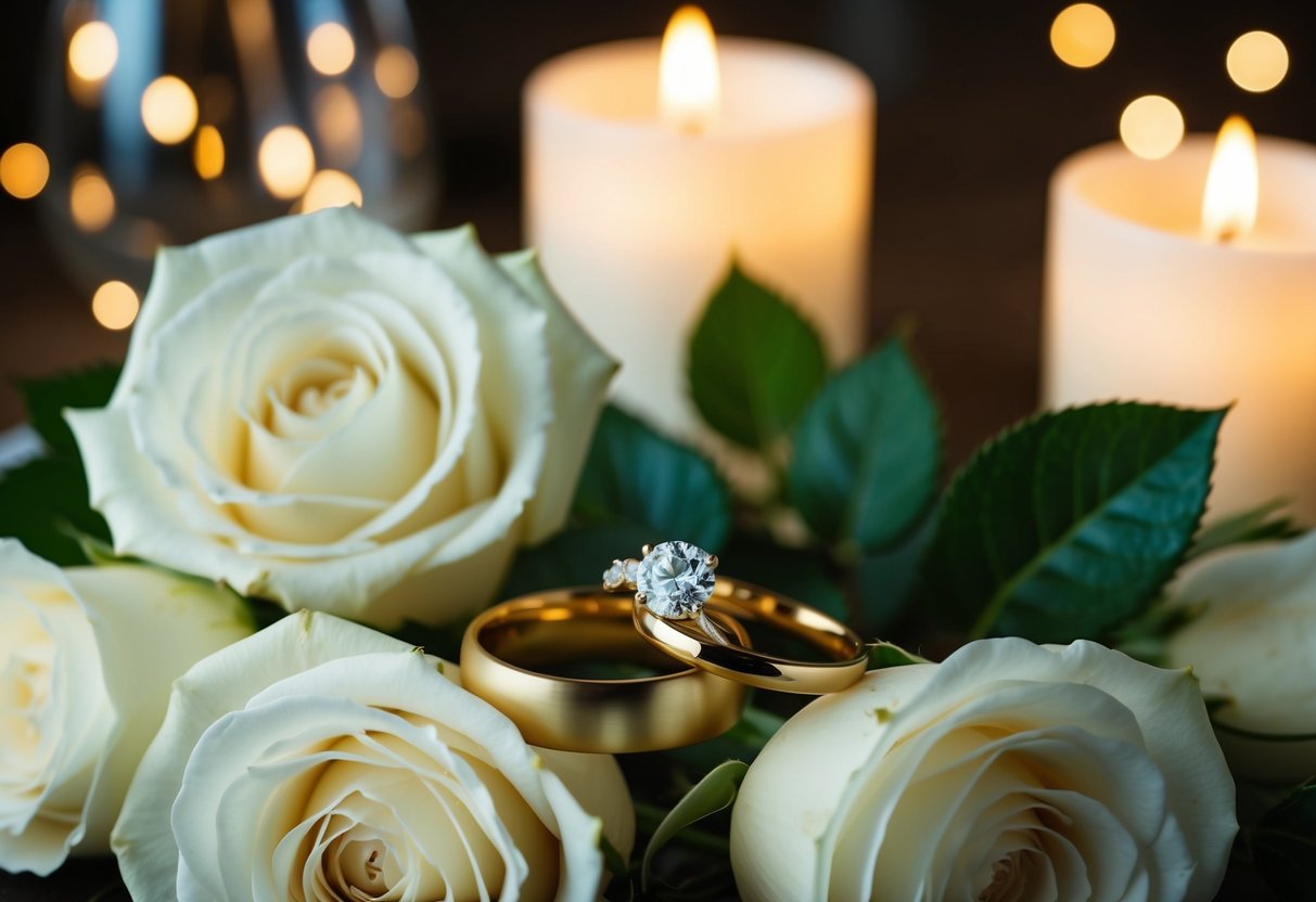 A pair of gold wedding rings resting on a bed of fresh white roses, with soft candlelight in the background