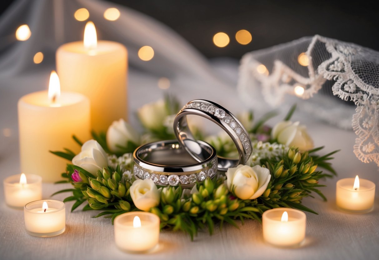 A pair of elegant wedding rings resting on a bed of fresh flowers, surrounded by soft candlelight and a delicate lace veil