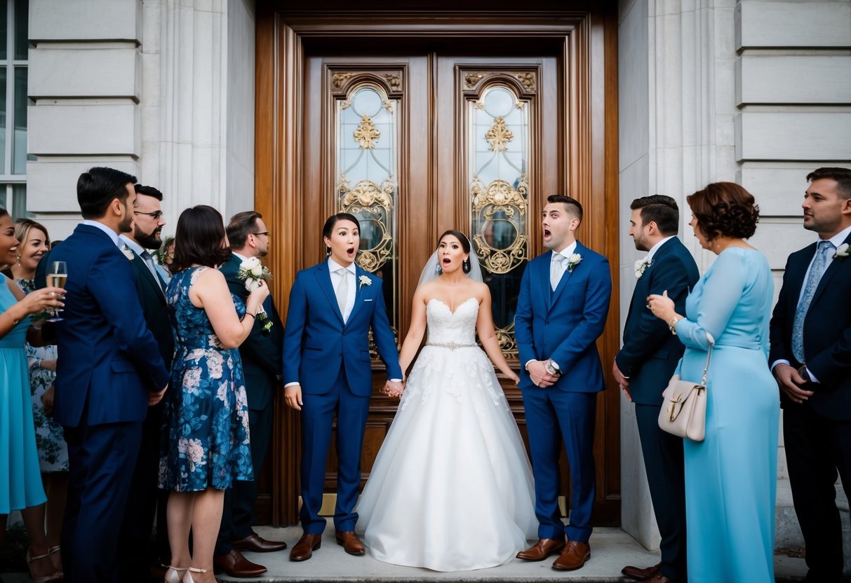 A couple standing in front of a grand, ornate doorway, looking surprised as uninvited guests arrive at their wedding