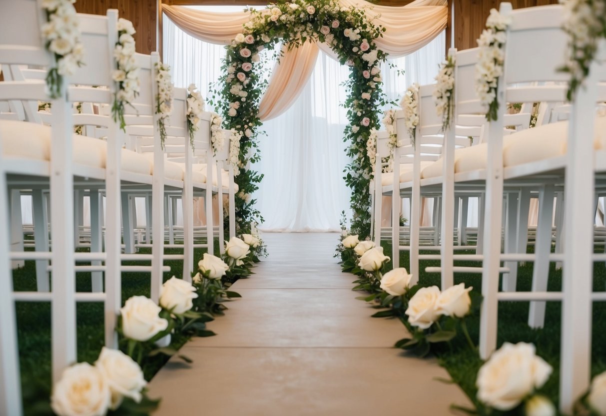 A flower-lined aisle with two rows of chairs, leading to an archway adorned with flowing fabric and flowers