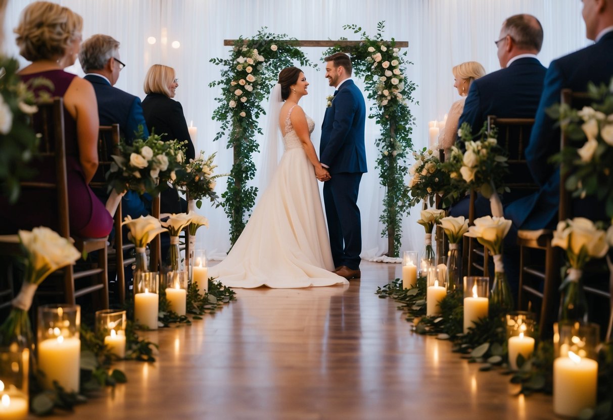 A couple stands at the end of an aisle, surrounded by flowers and candles, ready to renew their vows