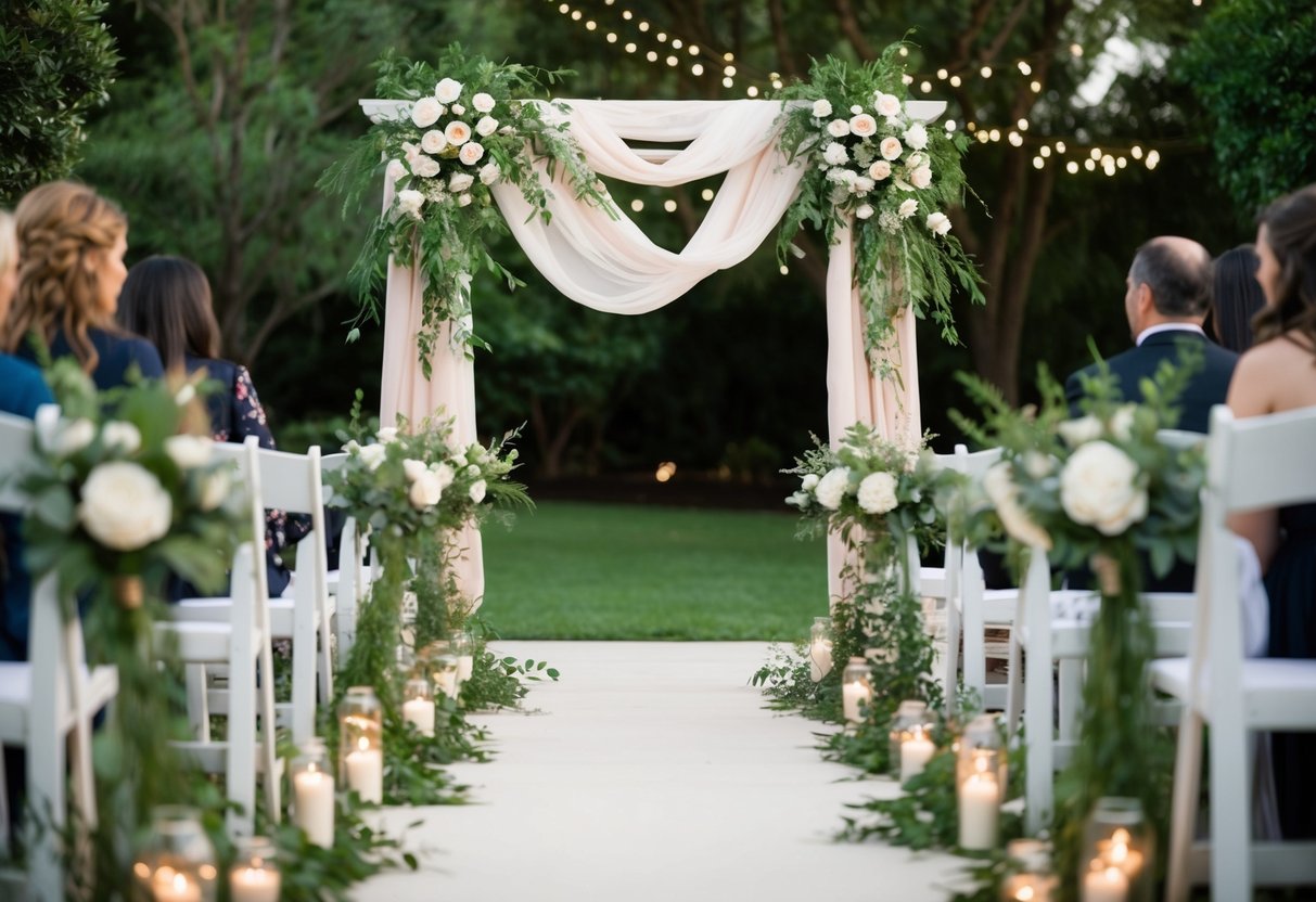 A flower-lined aisle leads to an arch adorned with flowing fabric, surrounded by lush greenery and twinkling lights