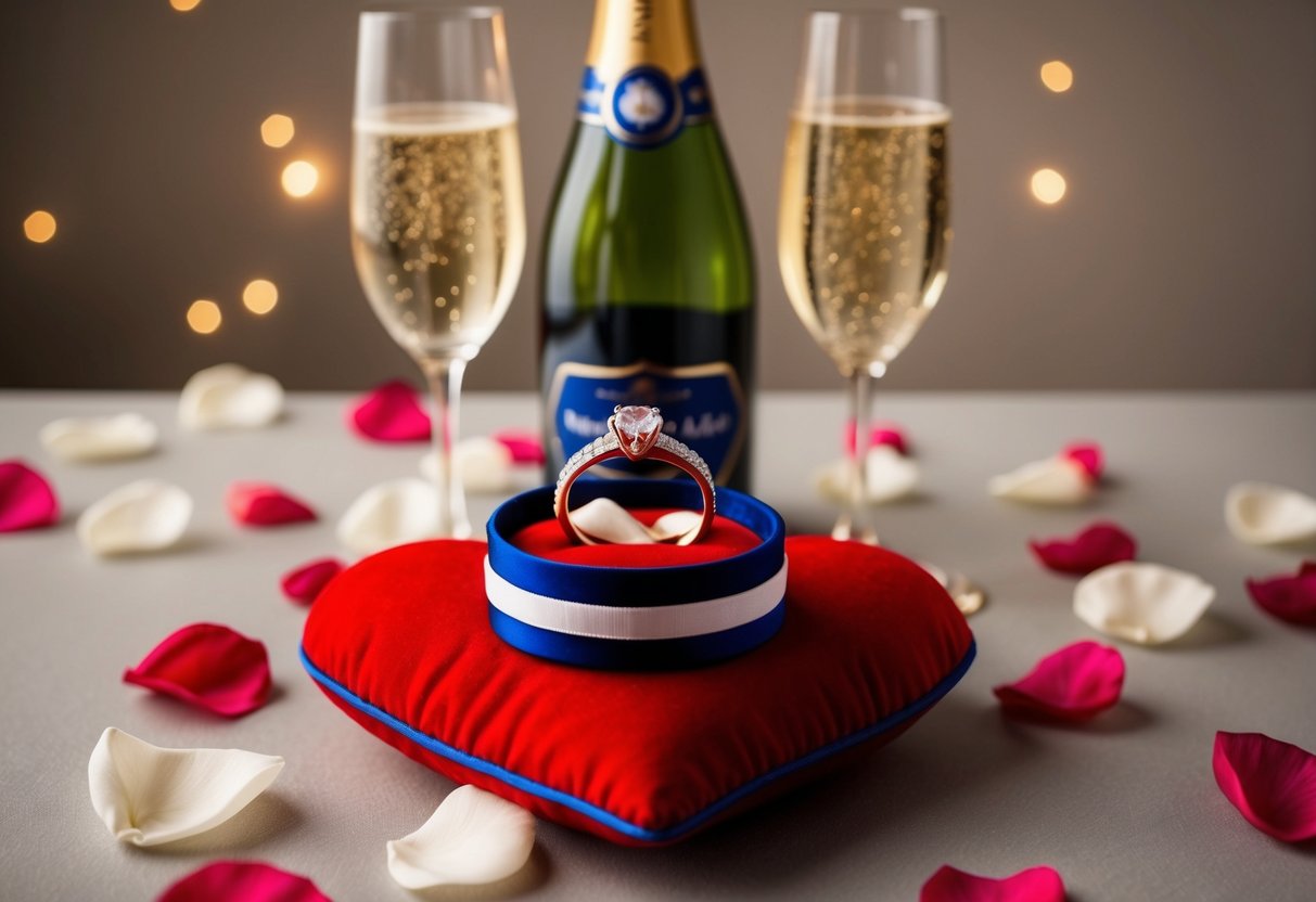 A pair of wedding rings placed on a heart-shaped pillow, surrounded by rose petals and a bottle of champagne with two glasses