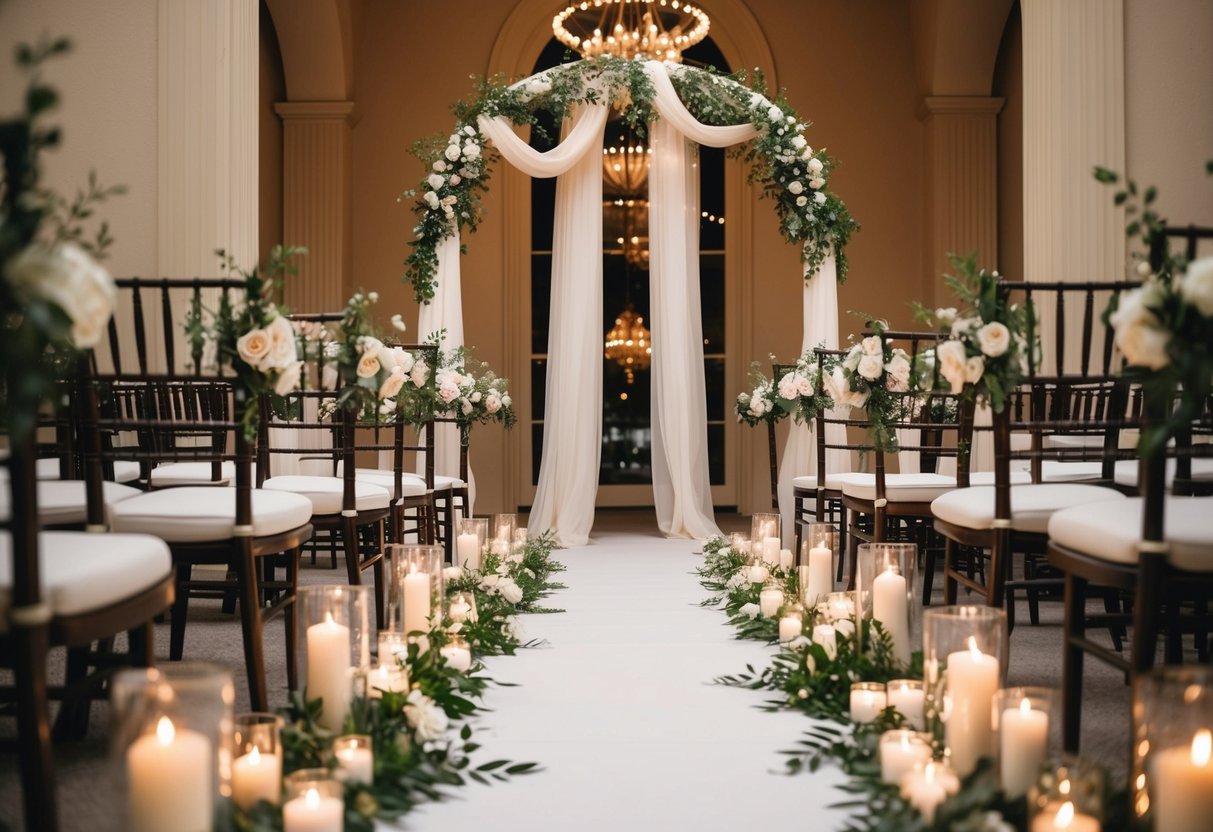 A flower-lined aisle leads to an archway adorned with flowing fabric and twinkling lights, creating a romantic setting for a vow renewal ceremony