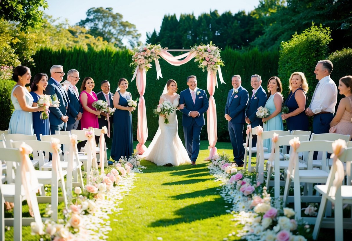 A sunlit garden with a flower-filled aisle leading to an archway adorned with ribbons and flowers, surrounded by joyful family and friends