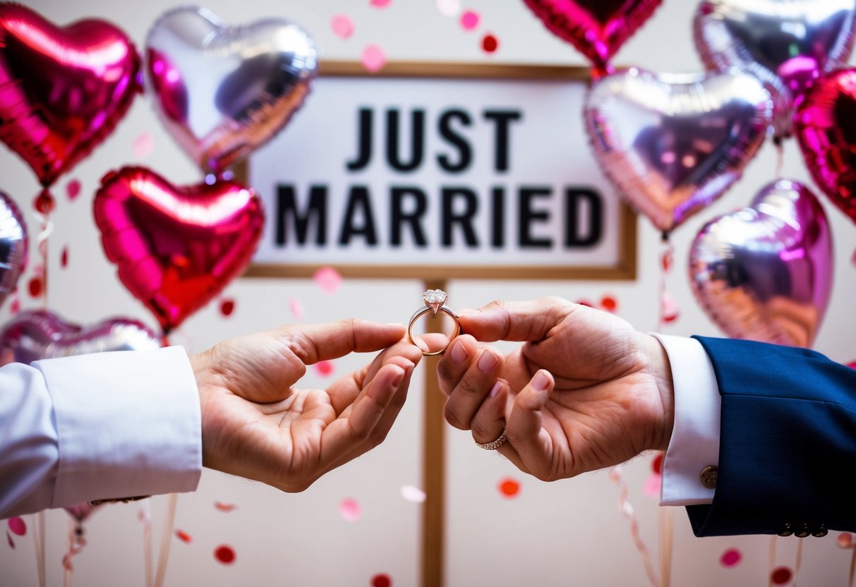A newlywed couple's hands holding wedding rings, surrounded by heart-shaped balloons and confetti, with a "Just Married" sign in the background
