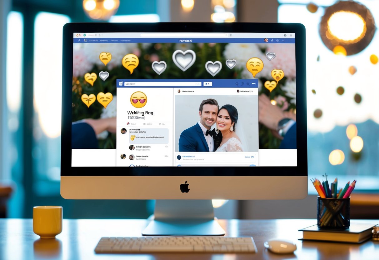 A computer screen showing a Facebook profile with a wedding ring emoji and a photo of the couple, surrounded by celebratory reactions and comments