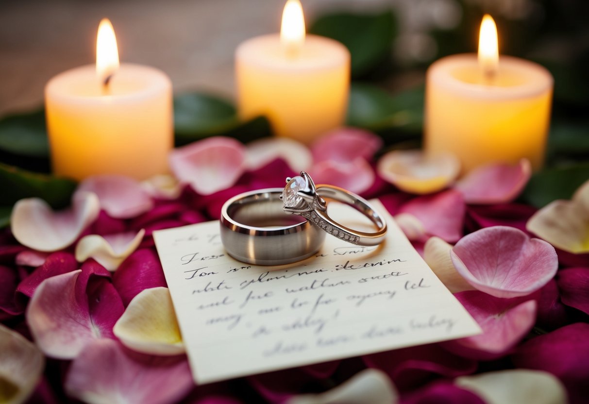 Two wedding rings placed on a bed of rose petals, surrounded by softly glowing candles and a handwritten note