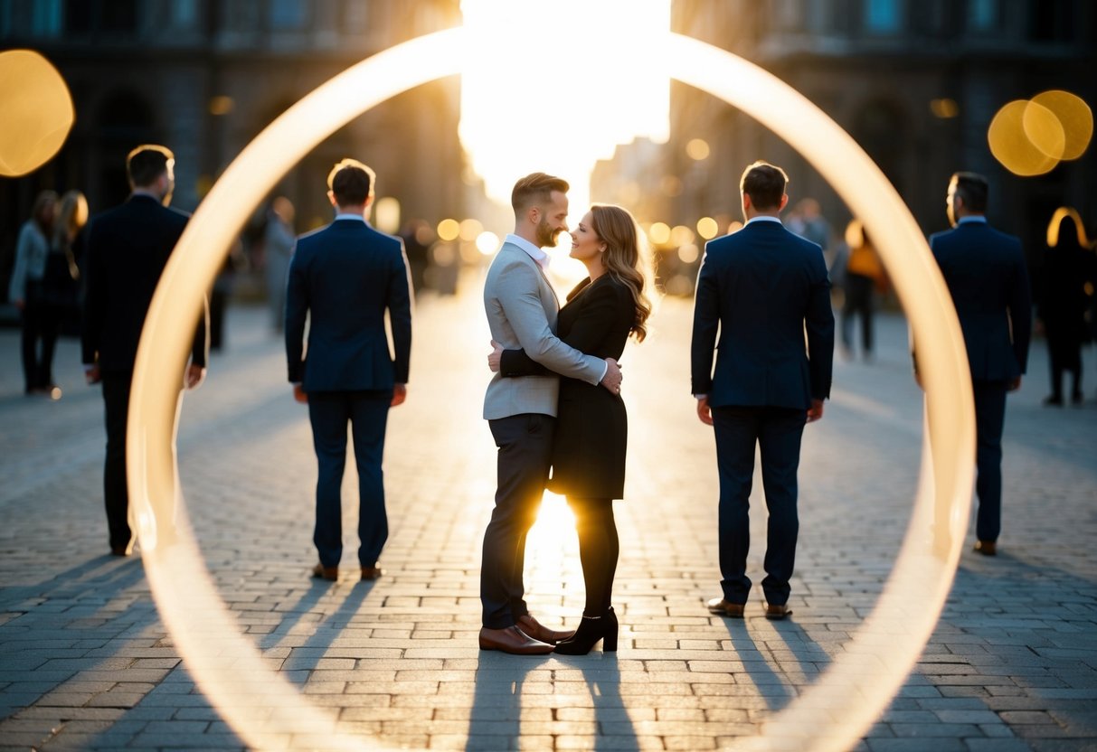 A couple standing together, surrounded by a circle of light, with all other figures fading into the background