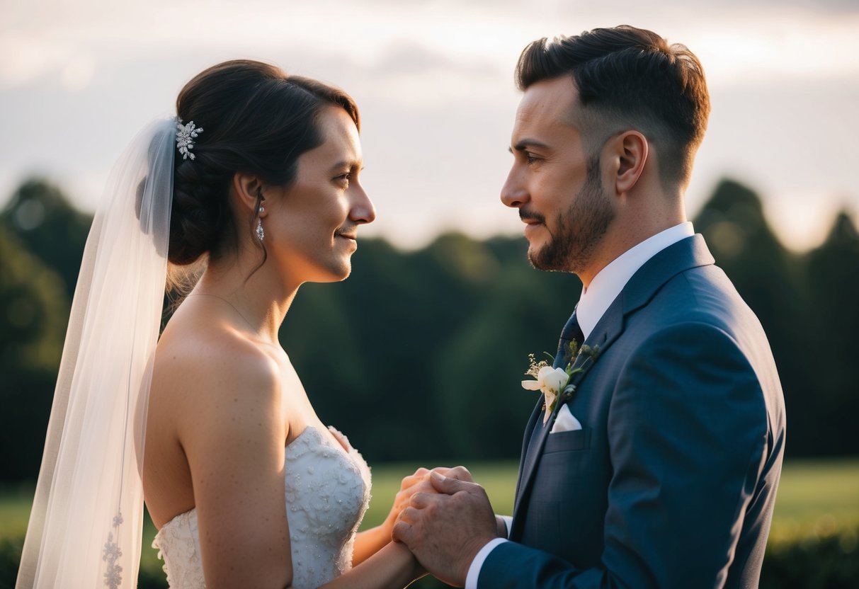 A couple standing face to face, holding each other's gaze with a solemn and determined expression, as they exchange vows