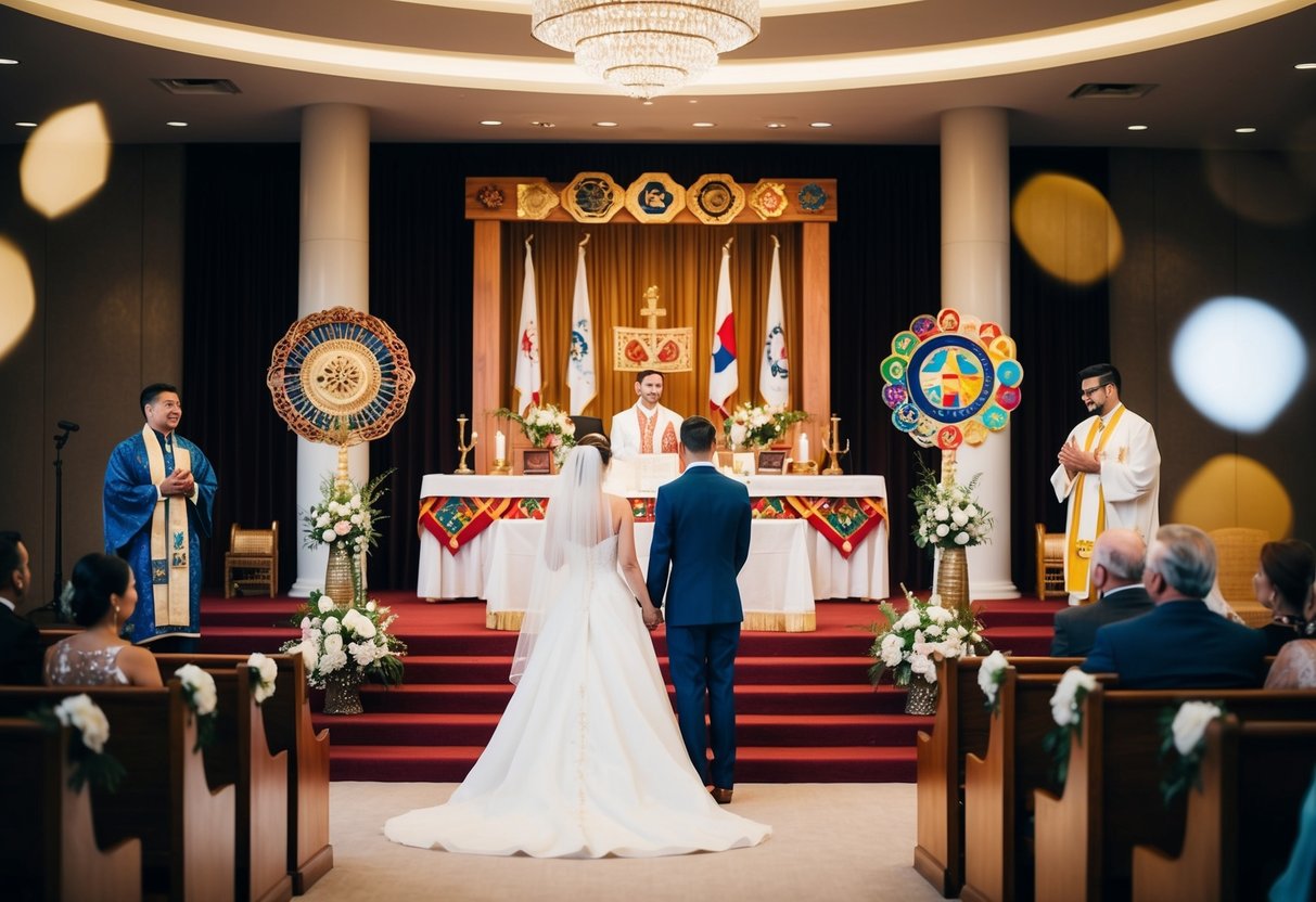 A bride and groom standing before a ceremonial altar, surrounded by symbols of different cultural and religious traditions
