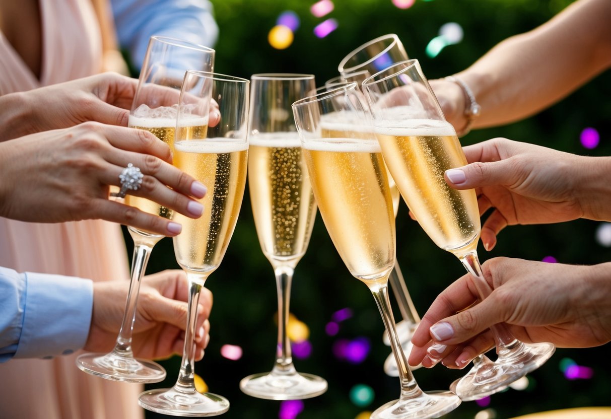 A group of champagne glasses clinking together in a celebratory toast, surrounded by colorful confetti and glittering engagement rings