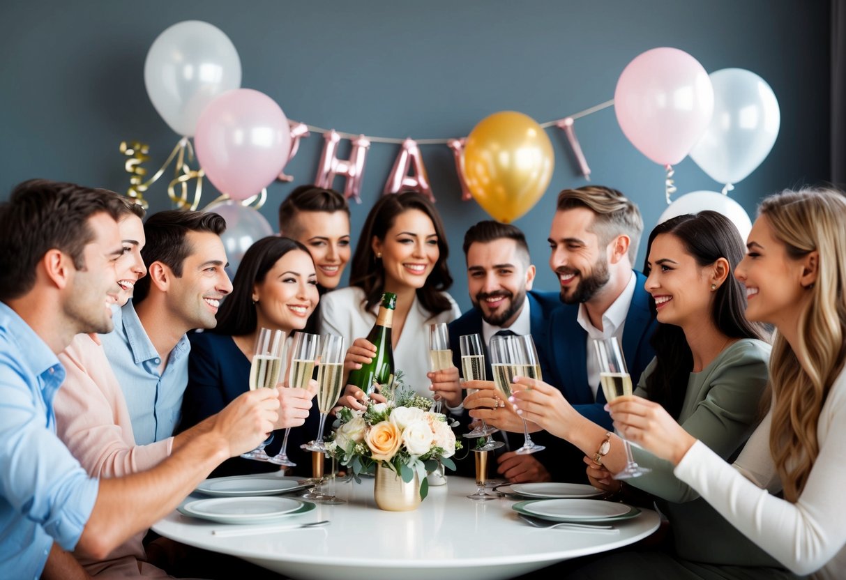A group of people gathered around a table, smiling and celebrating with champagne and balloons