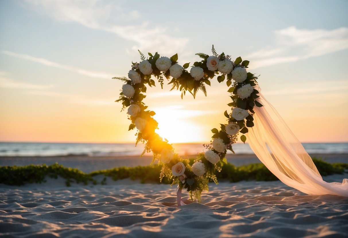 A sunset beach wedding with a heart-shaped arrangement of flowers and a gentle breeze blowing through the bride's veil