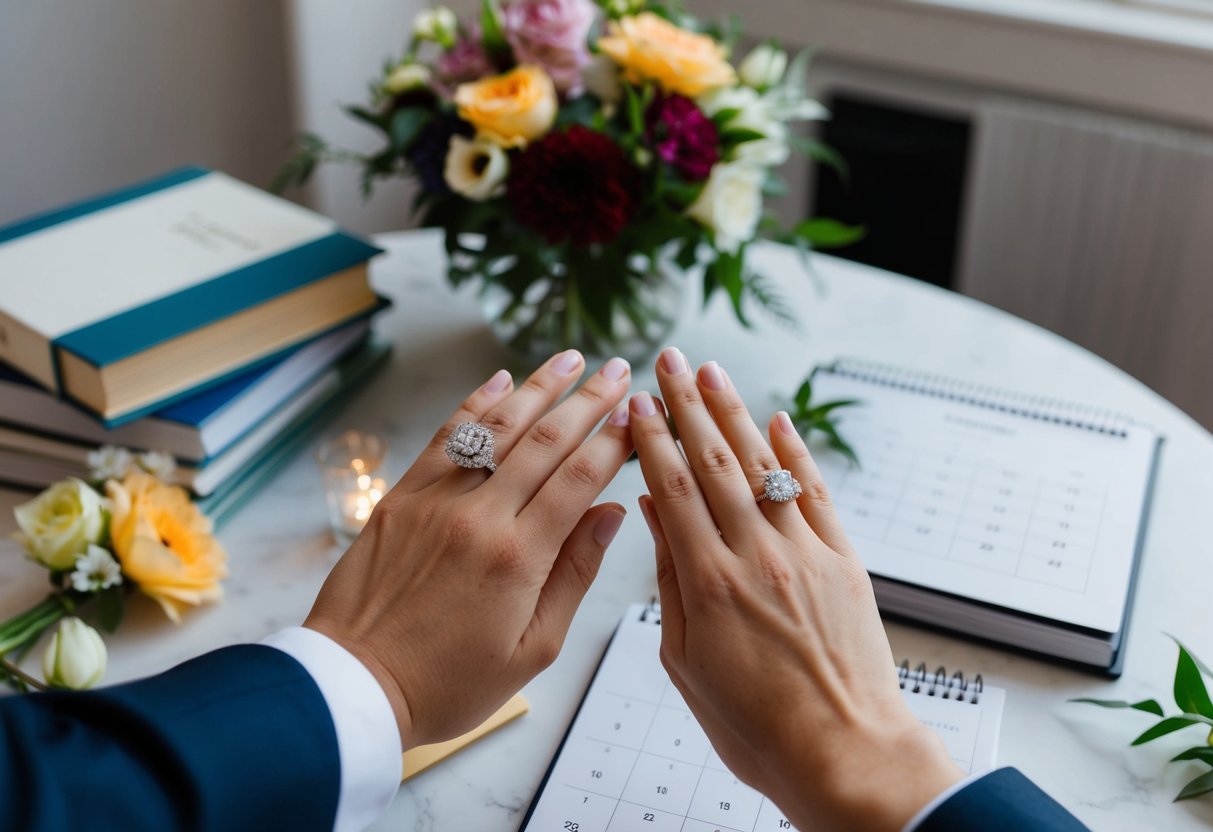 A couple's hands holding a sparkling engagement ring, surrounded by wedding planning books, flowers, and a calendar
