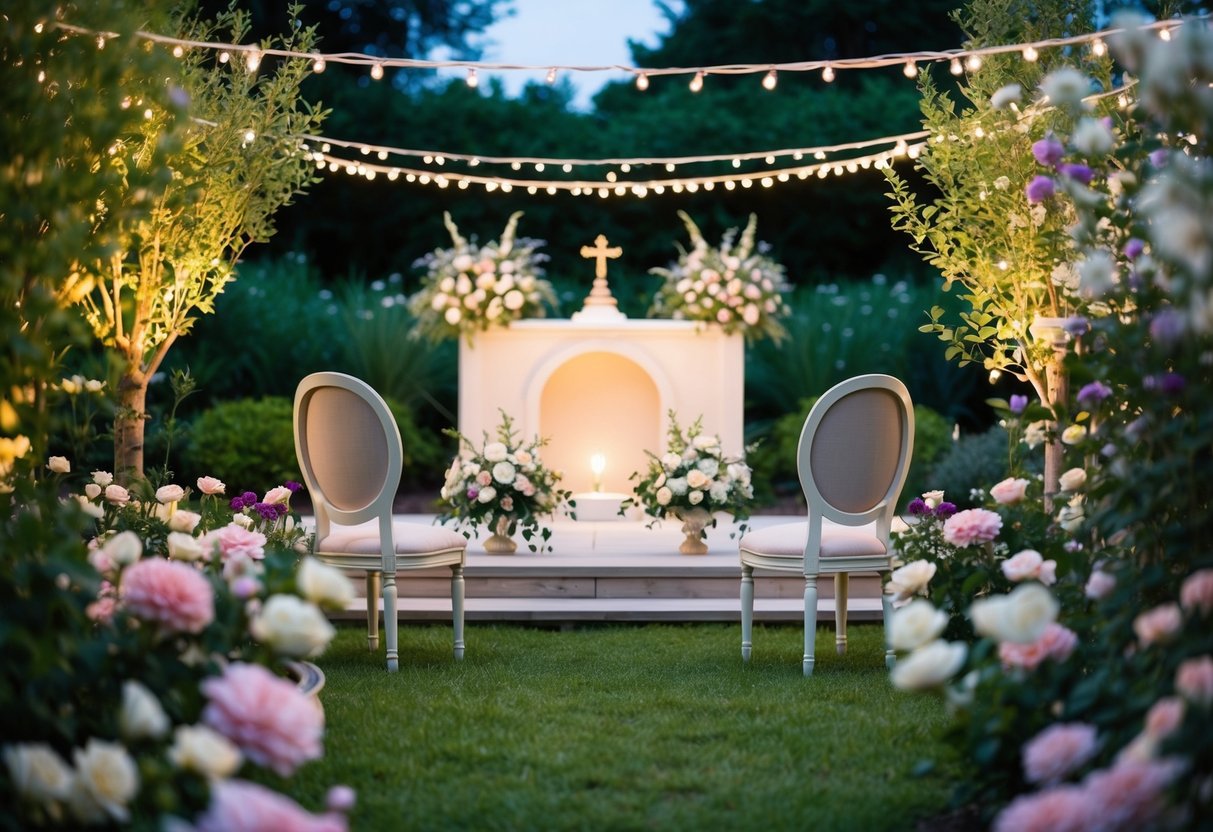 A serene garden filled with blooming flowers and a softly lit altar, with two elegant chairs facing each other, surrounded by twinkling lights