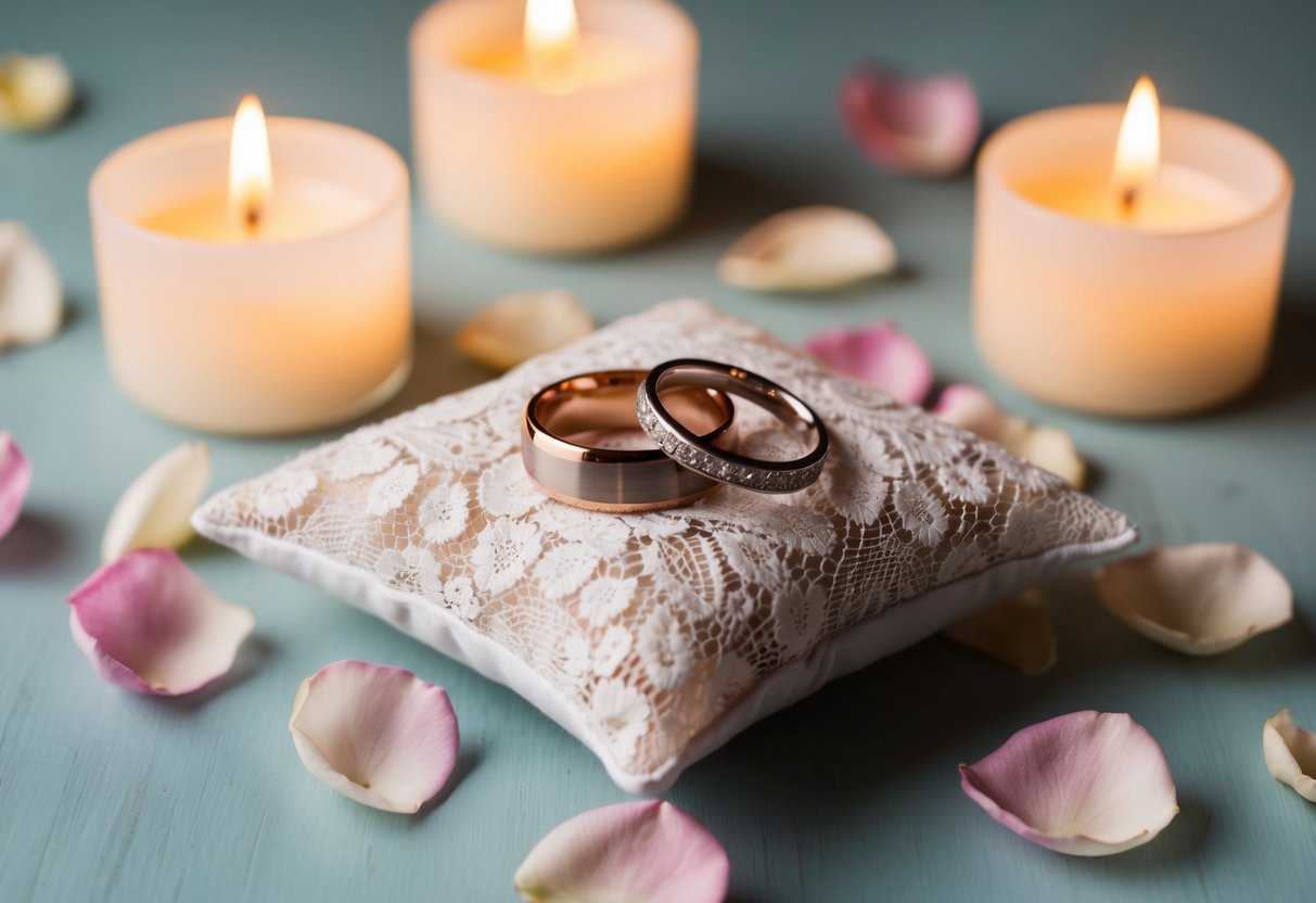 A pair of wedding rings resting on a delicate lace pillow, surrounded by soft candlelight and rose petals