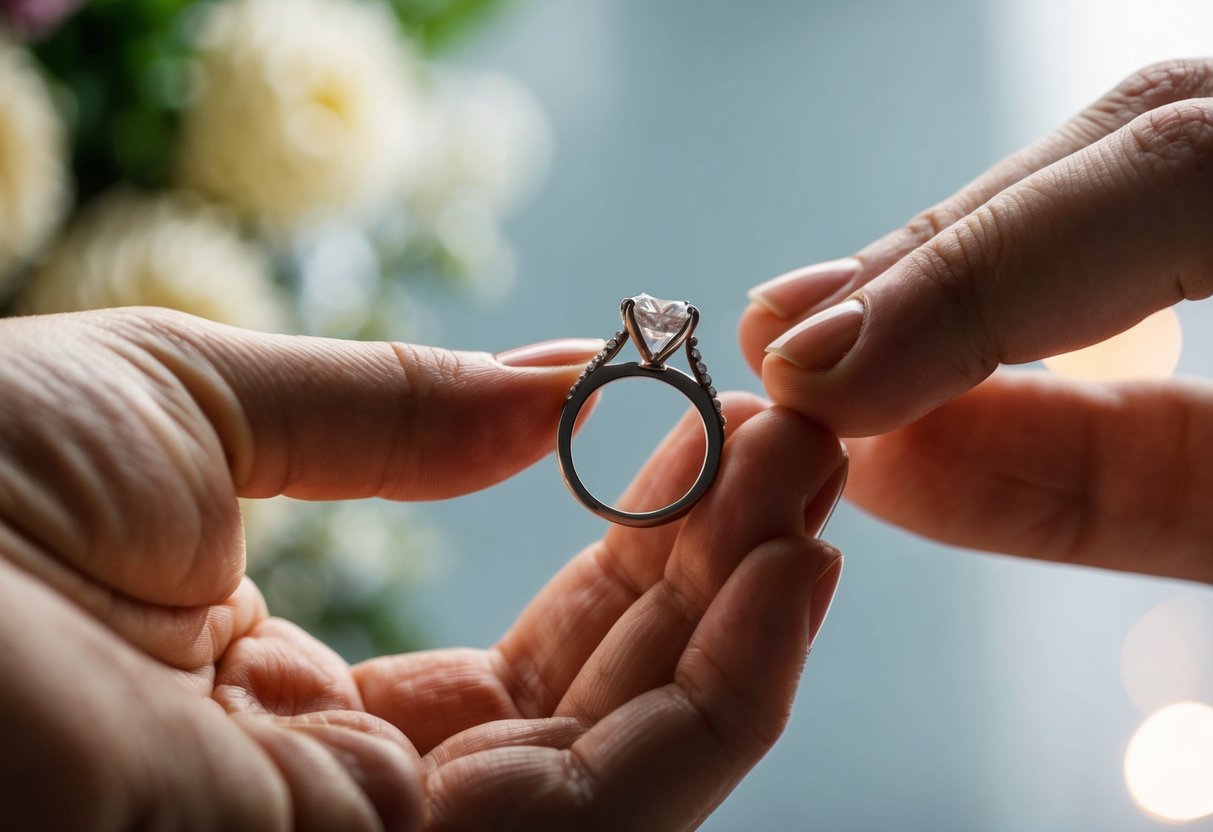 A wedding ring being slipped onto a finger, with a deliberate pause before the traditional vow is spoken