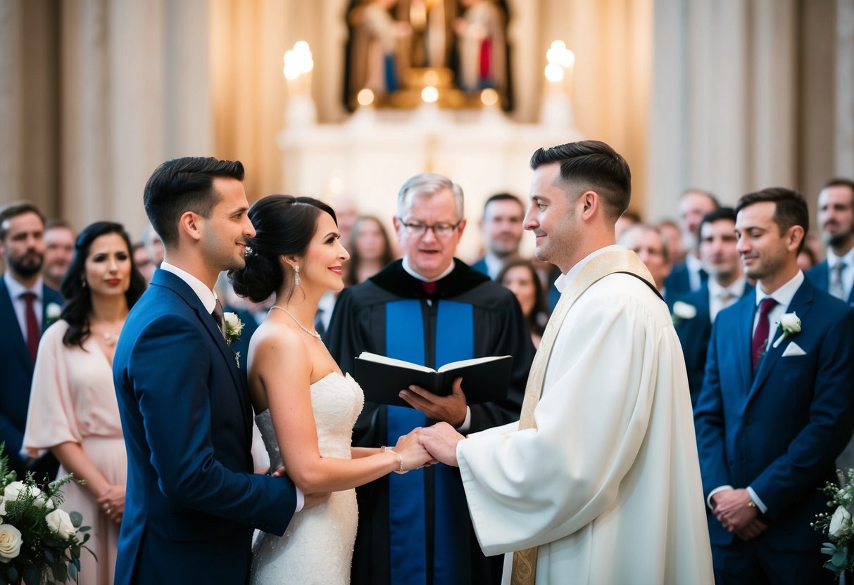 A couple standing at the altar, exchanging vows as a crowd looks on. The officiant speaks, and the couple nods in agreement