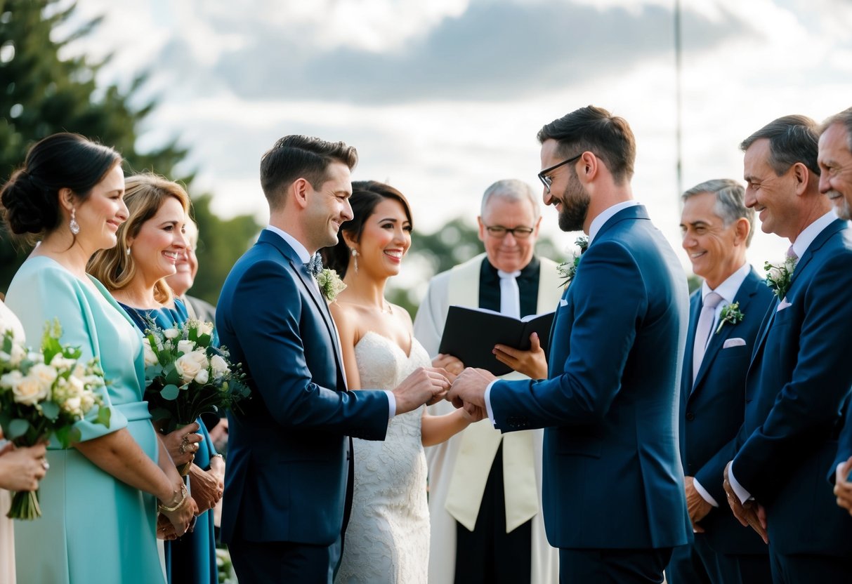 A modern wedding ceremony with a couple exchanging vows, surrounded by family and friends, with a celebrant officiating