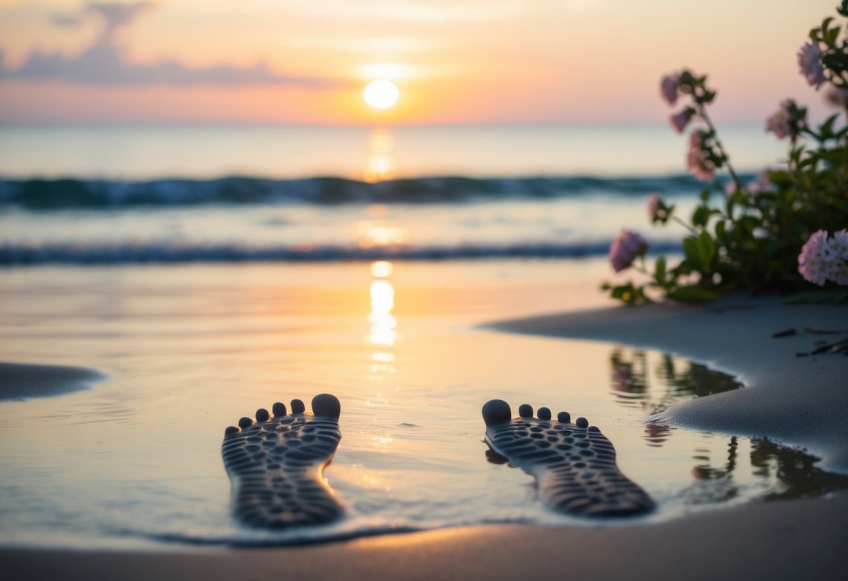 A serene beach at sunset with two sets of footprints leading towards the water, surrounded by blooming flowers and a gentle breeze