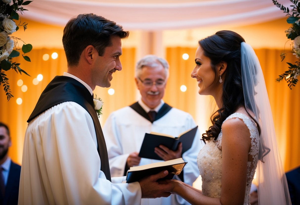 A wedding ceremony with two figures facing each other, exchanging vows. The officiant holds a book, and the atmosphere is warm and inviting