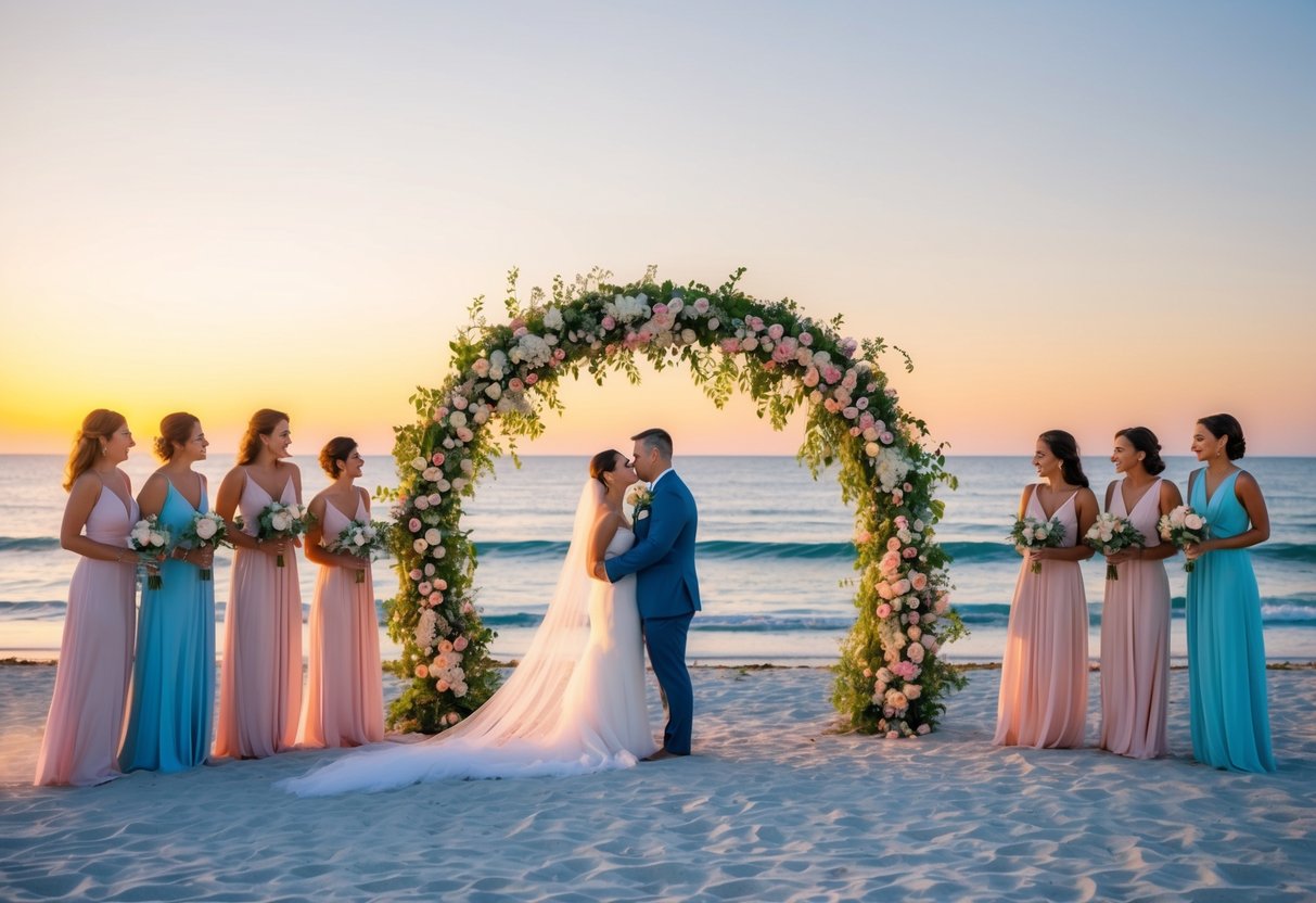 A serene beach at sunset with an arch adorned with flowers and flowing fabric, surrounded by family and friends