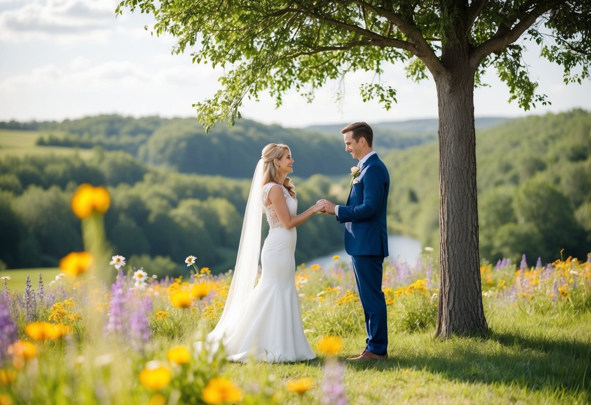A couple standing under a tree exchanging vows, surrounded by colorful wildflowers and a serene natural landscape
