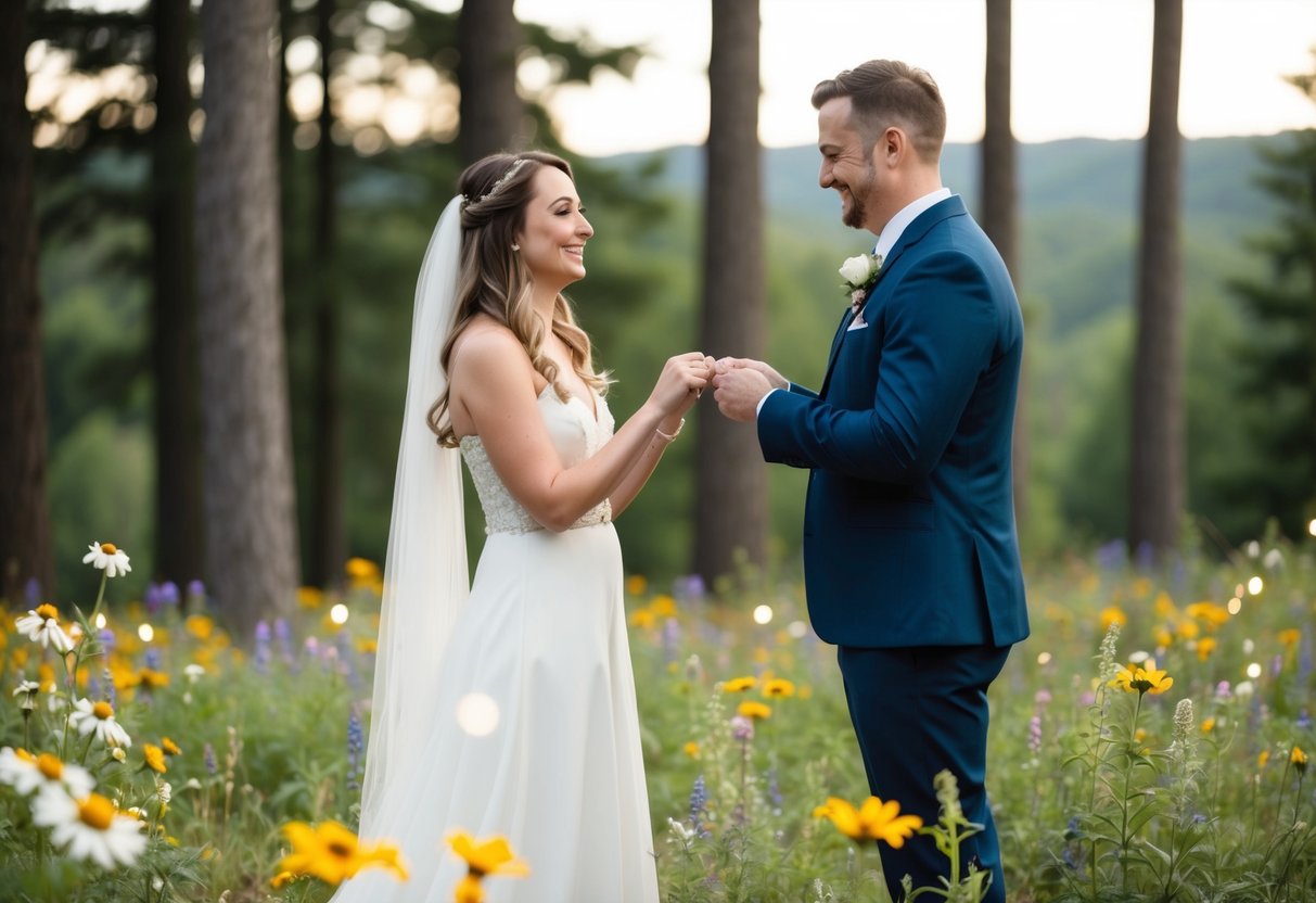 A couple standing in a forest clearing, surrounded by wildflowers and twinkling fairy lights, exchanging heartfelt vows with genuine emotion