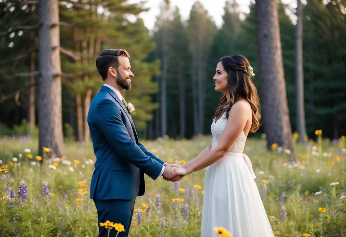 A couple standing in a forest clearing, surrounded by wildflowers and trees, holding hands and looking into each other's eyes as they recite their non-traditional wedding vows