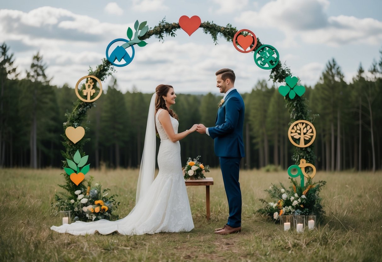 A couple exchanging vows in a forest clearing, surrounded by diverse symbols of love, growth, and unity from different cultures and traditions