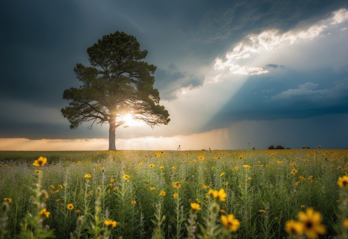 A lone tree standing strong in a field of wildflowers, with a stormy sky above and a ray of sunlight breaking through the clouds